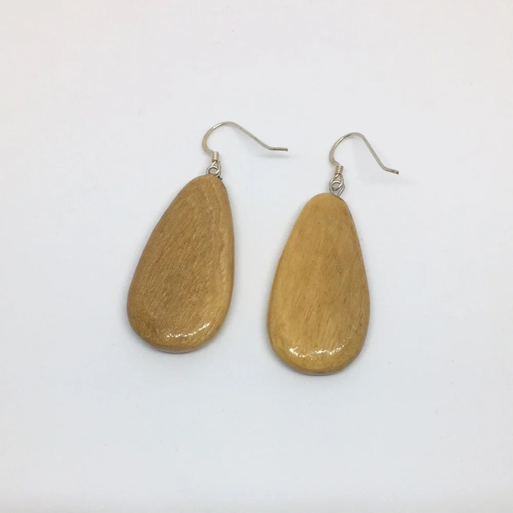 Hand Painted Walnut Wood Sterling Silver Teardrop Earrings Teal & Yellow Floral